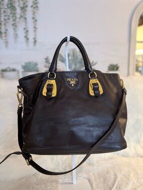 Prada Dark Brown Leather Shoulder Tote with Gold Accents